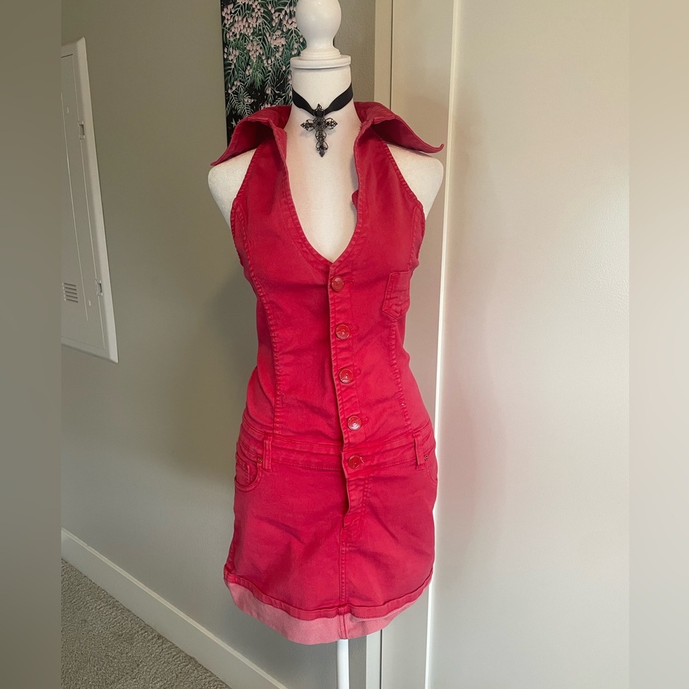 (Sold)pink bebe slee collar sleeveless halter denim dress - Picture 2 of 5
